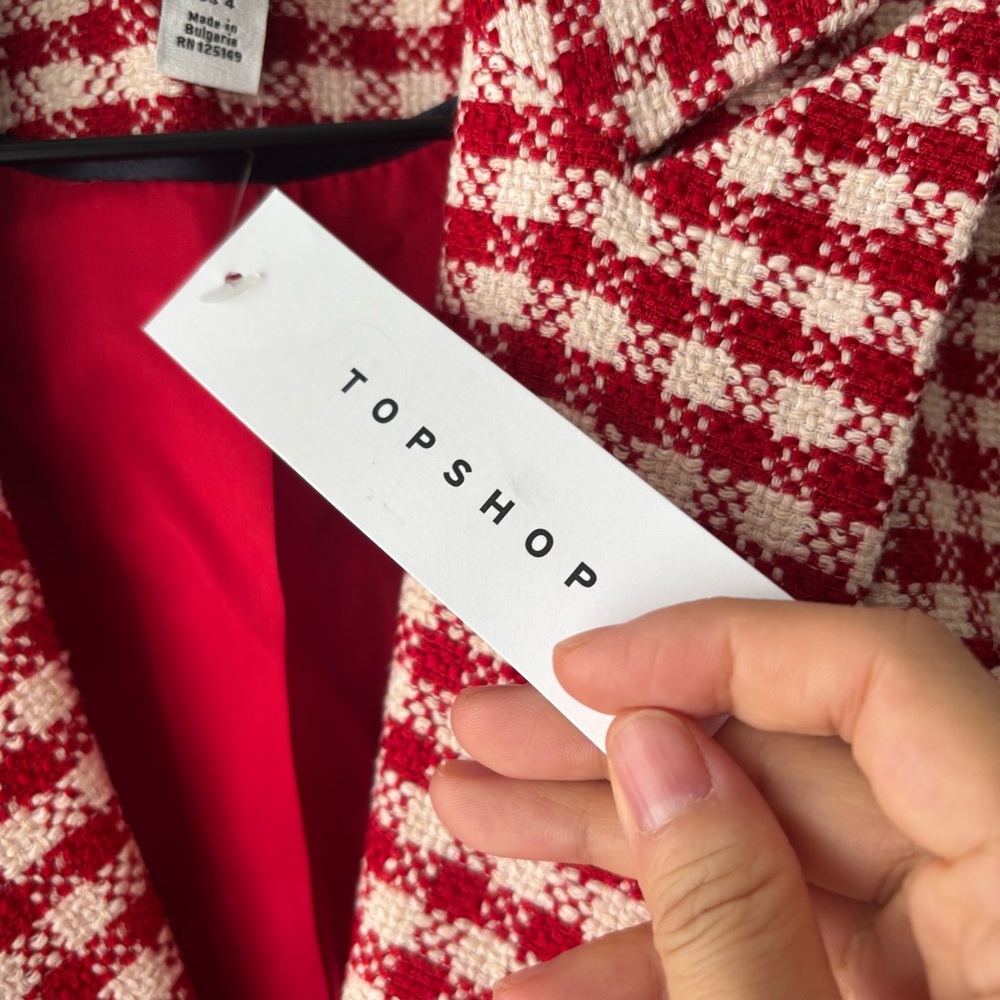 Topshop Red White Gingham Double Breast Blazer Sz US 4 - Picture 7 of 7